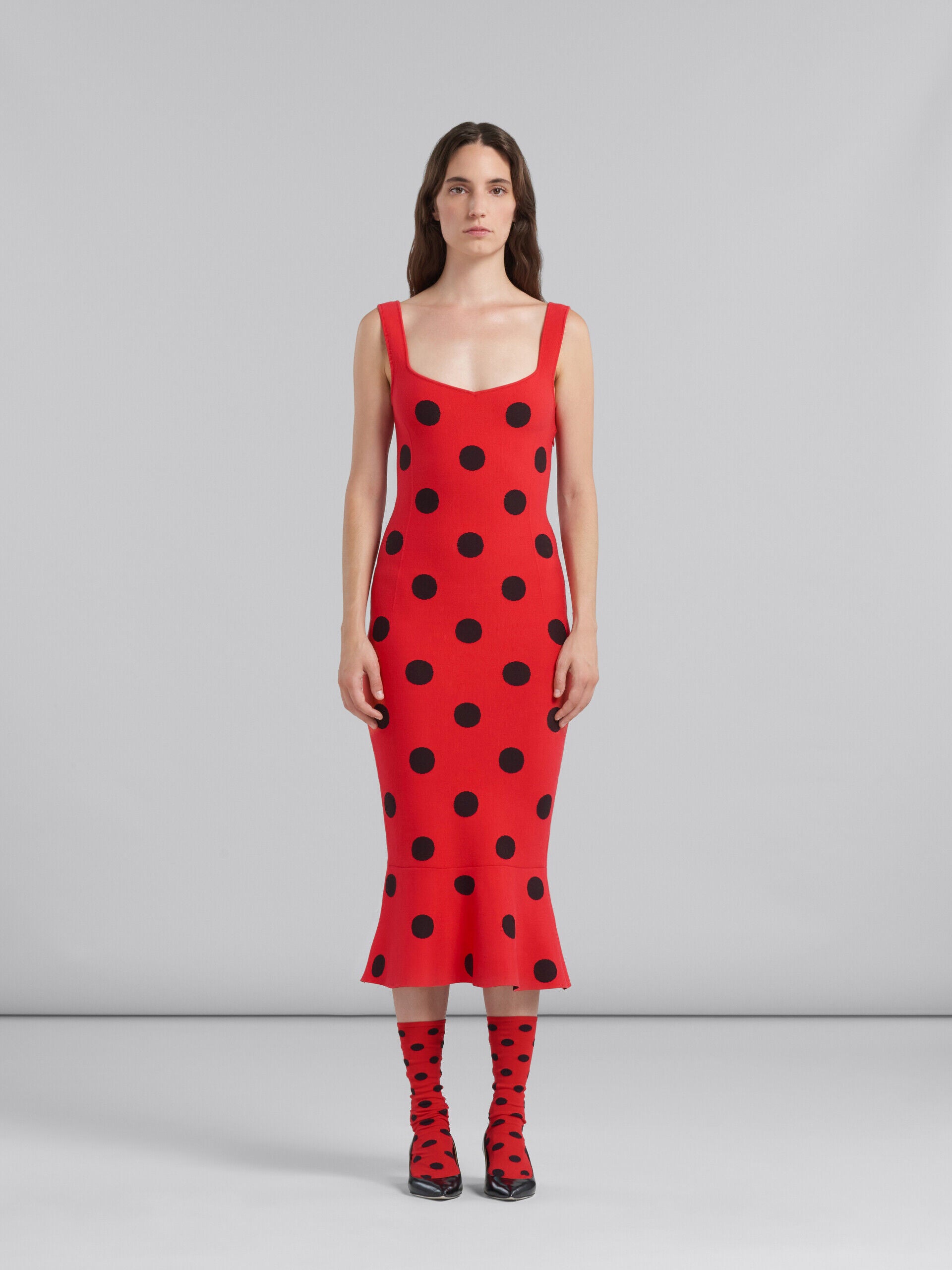 MARNI WOMEN'S RED POLKA DOT FLOUNCE DRESS