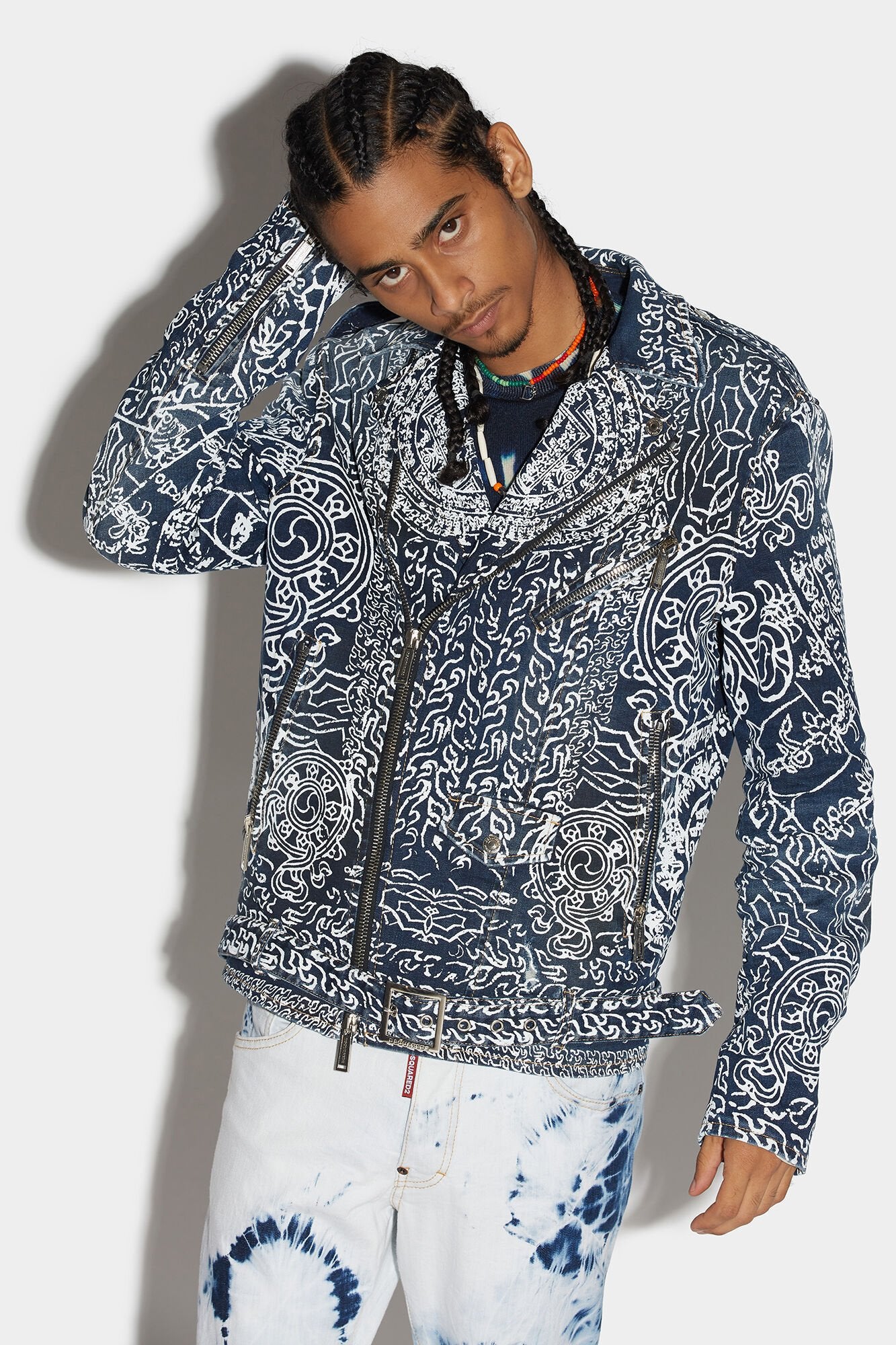 DSQUARED2 MEN'S NAVY PATTERNED BIKER JACKET