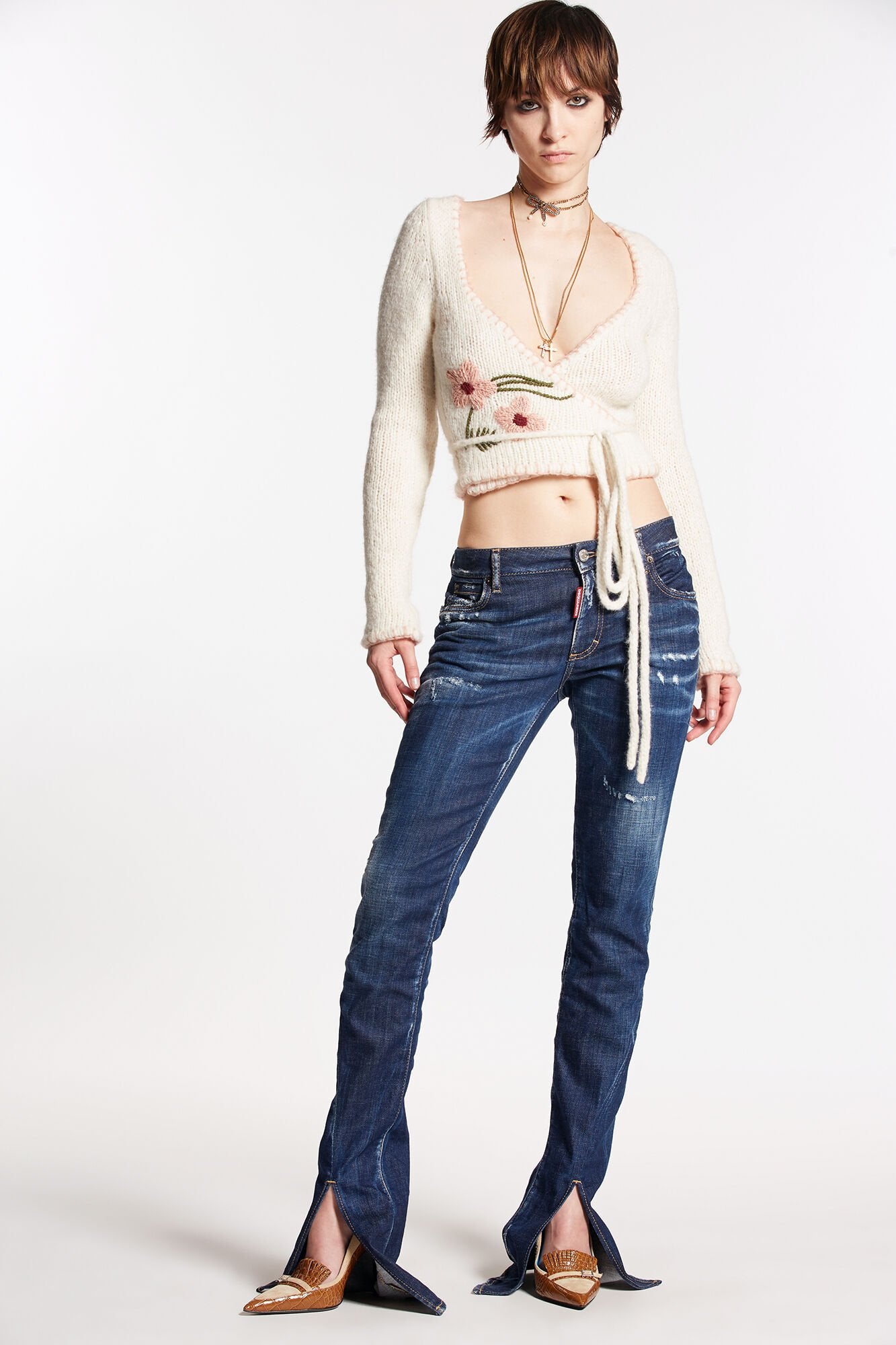 DSQUARED2 WOMEN'S NAVY BLUE DISTRESSED SPLIT-HEM JEANS