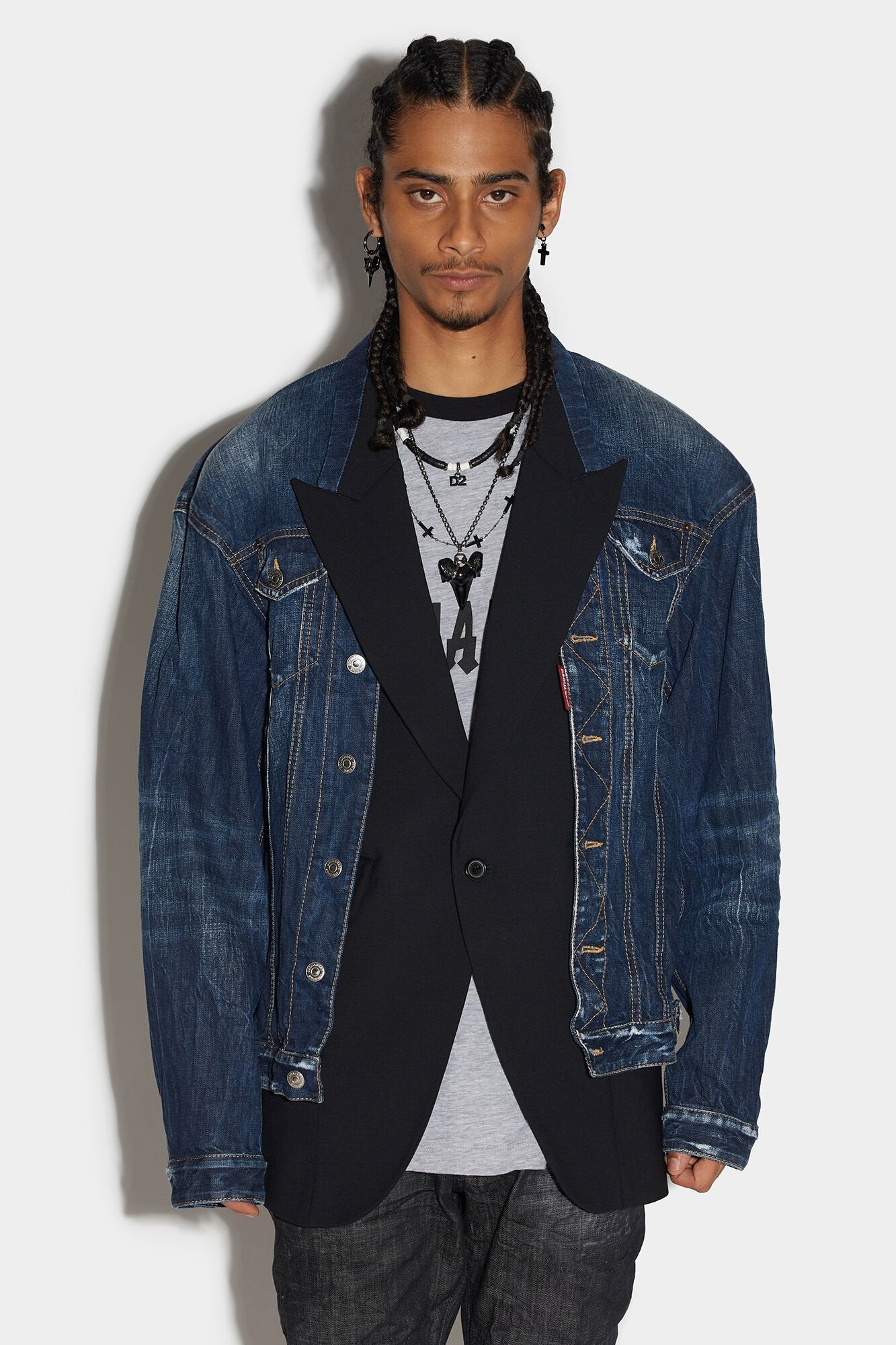 DSQUARED2 MEN'S NAVY DENIM LAYERED BLAZER JACKET