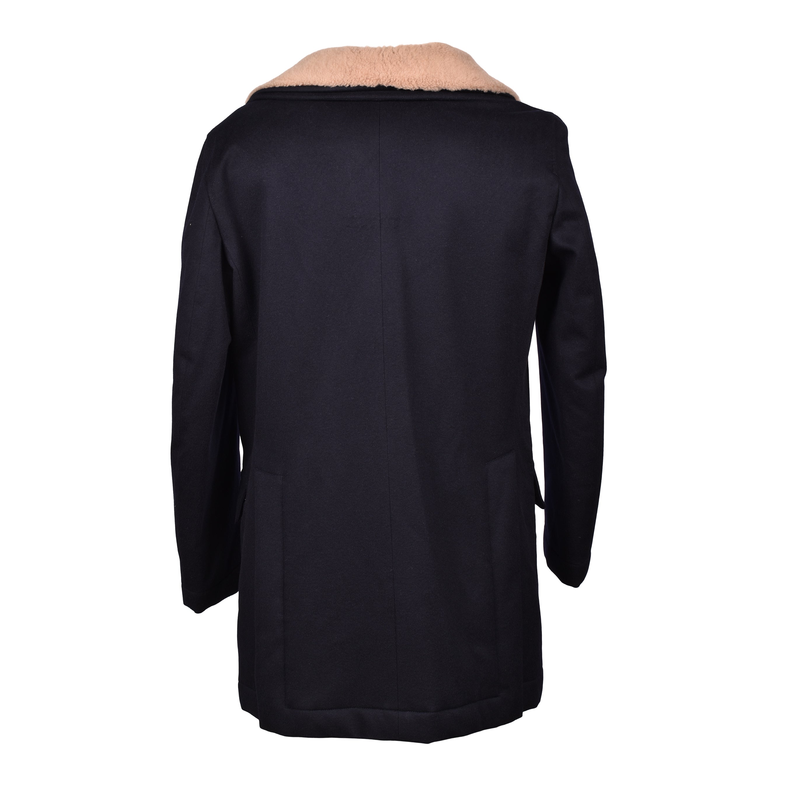 BRUNELLO CUCINELLI MEN'S NAVY CASHMERE PEA COAT WITH FUR COLLAR