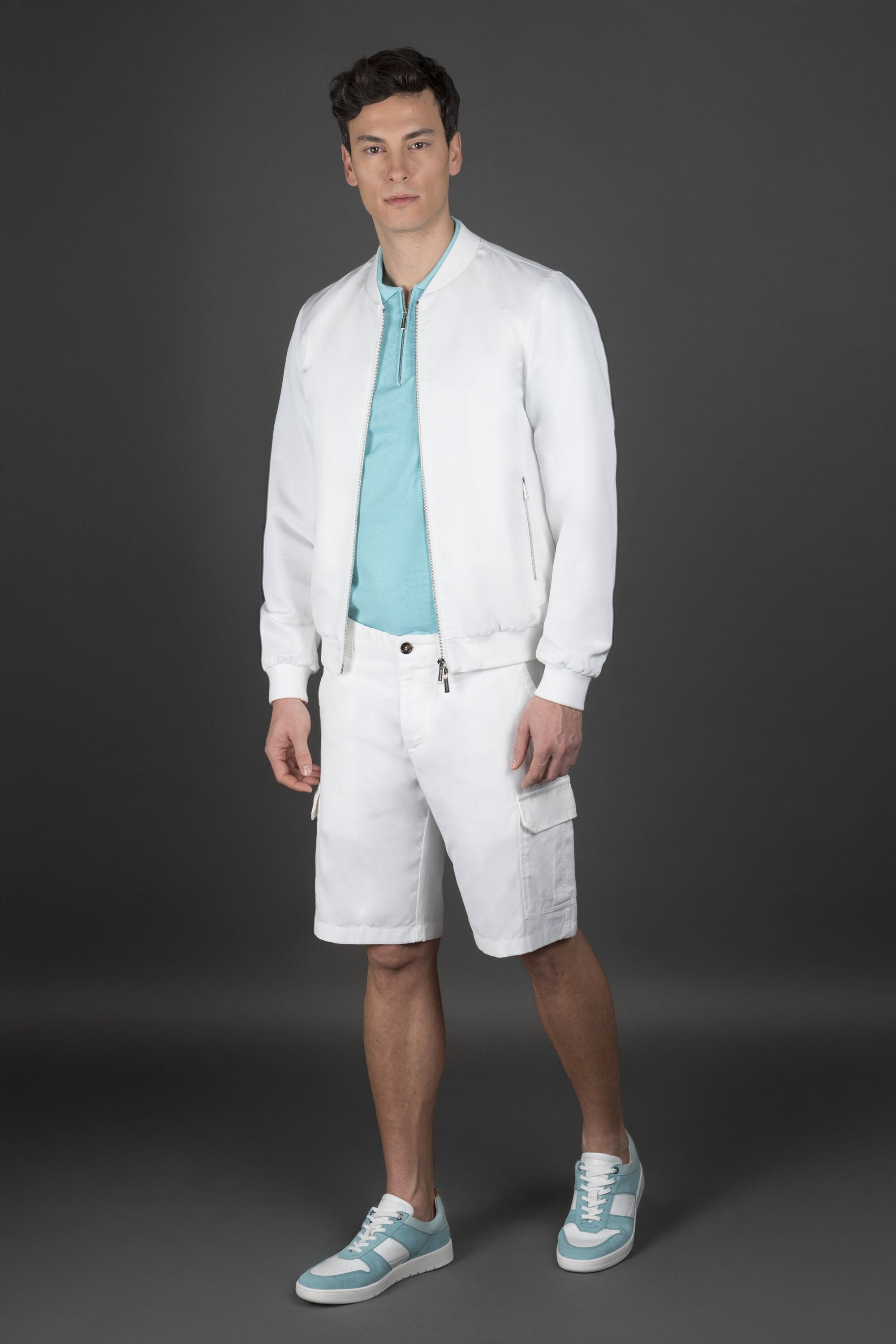 MOORER MEN'S WHITE BOMBER JACKET WITH ZIPPER