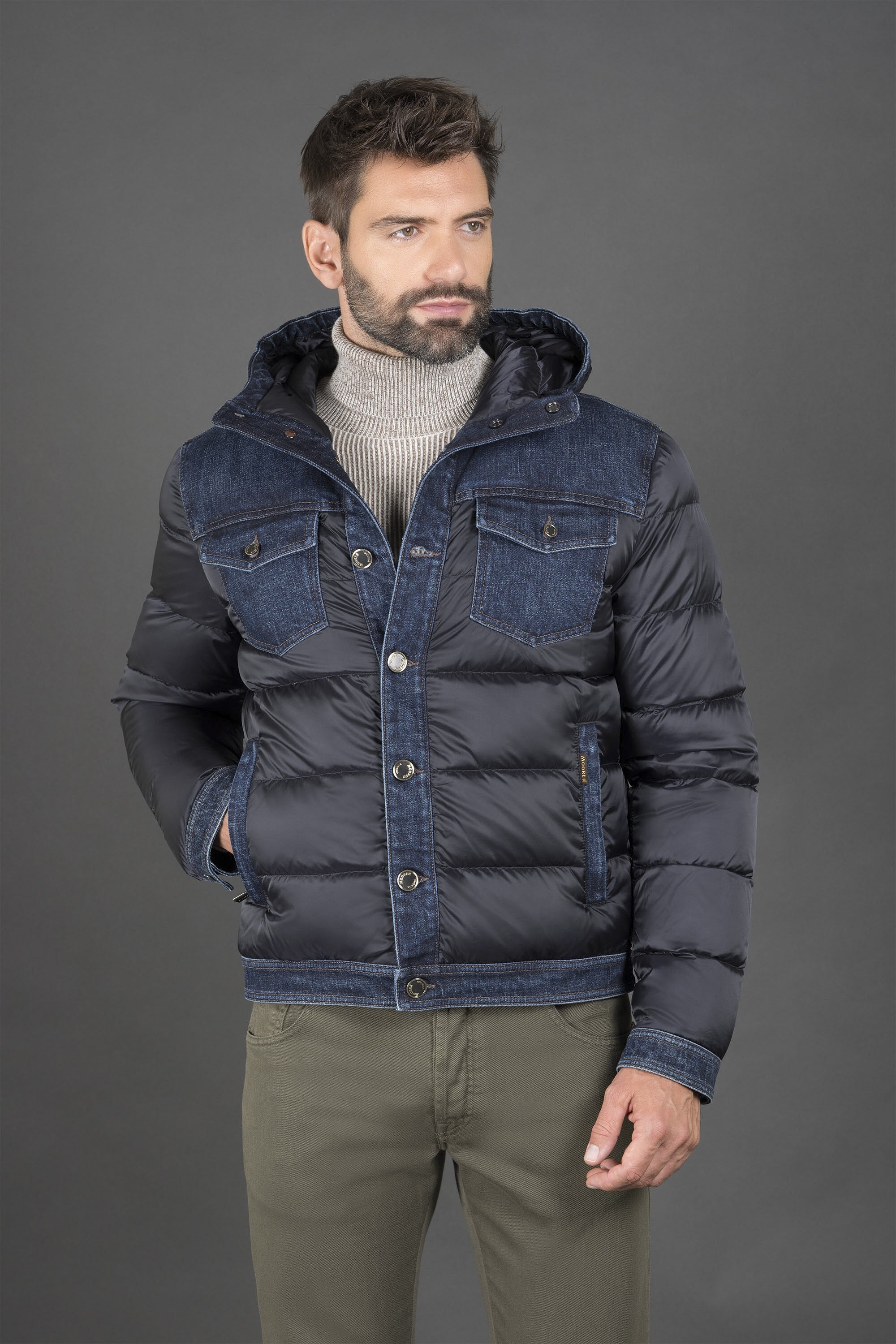 MOORER MEN'S BLUE QUILTED JACKET WITH DENIM ACCENTS