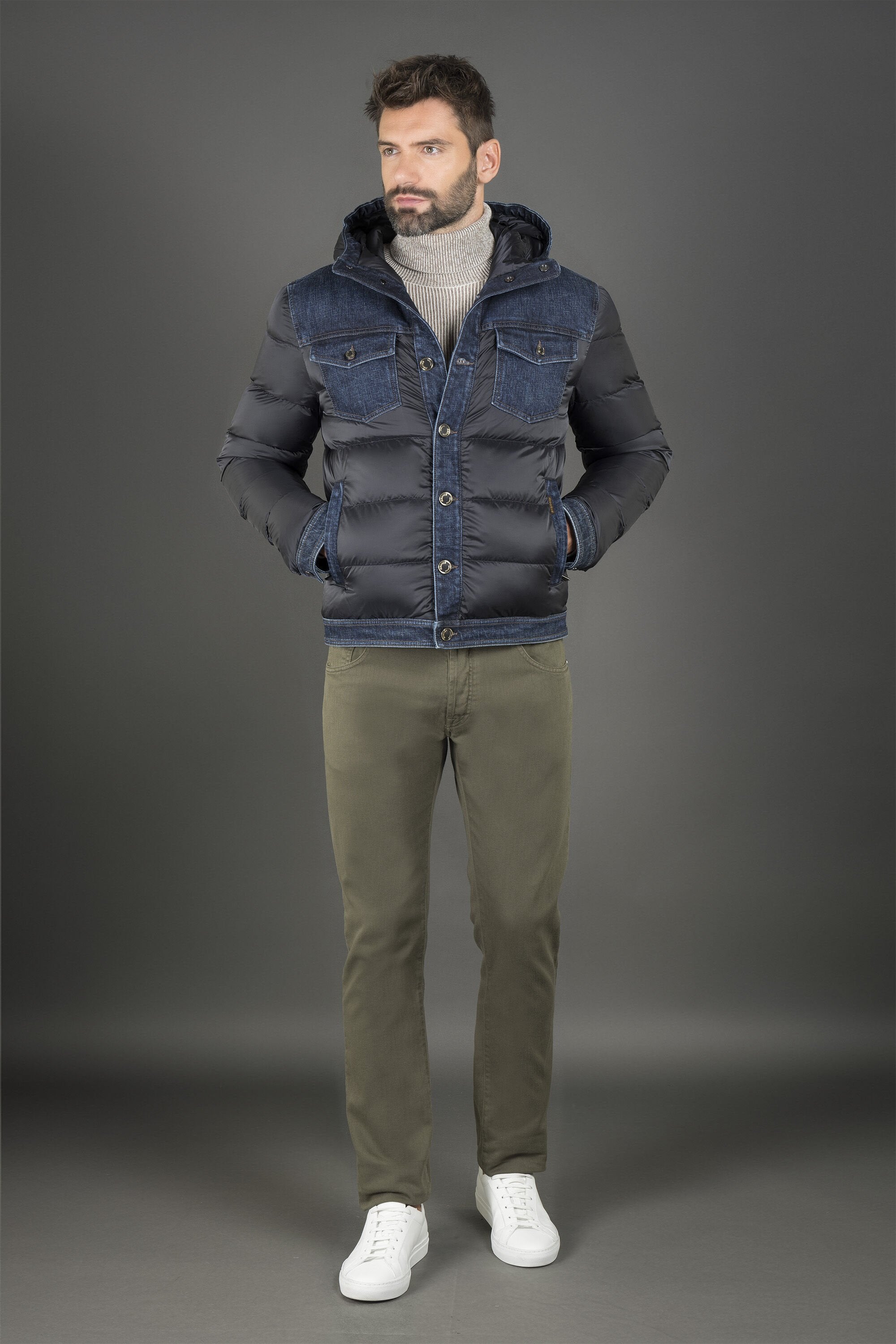 MOORER MEN'S BLUE QUILTED JACKET WITH DENIM ACCENTS