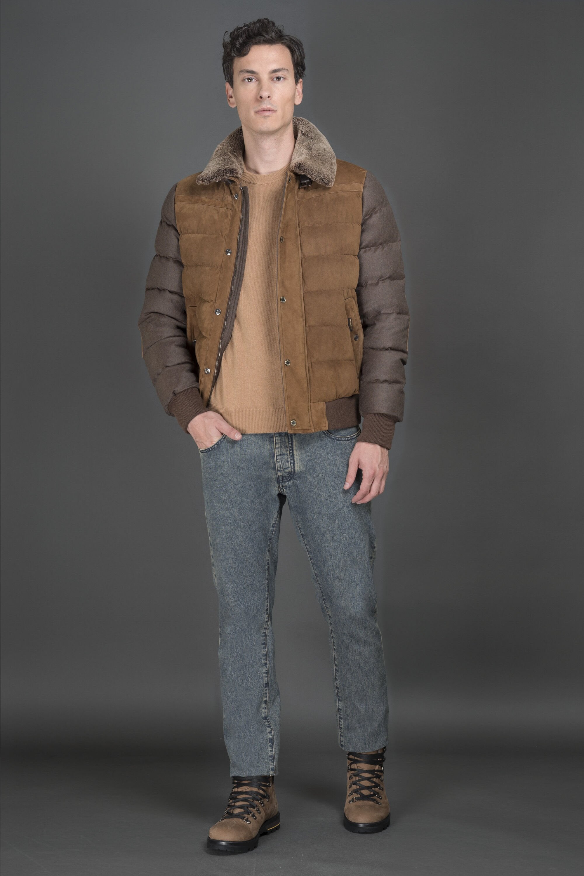 MOORER MEN'S BROWN QUILTED JACKET WITH FUR COLLAR
