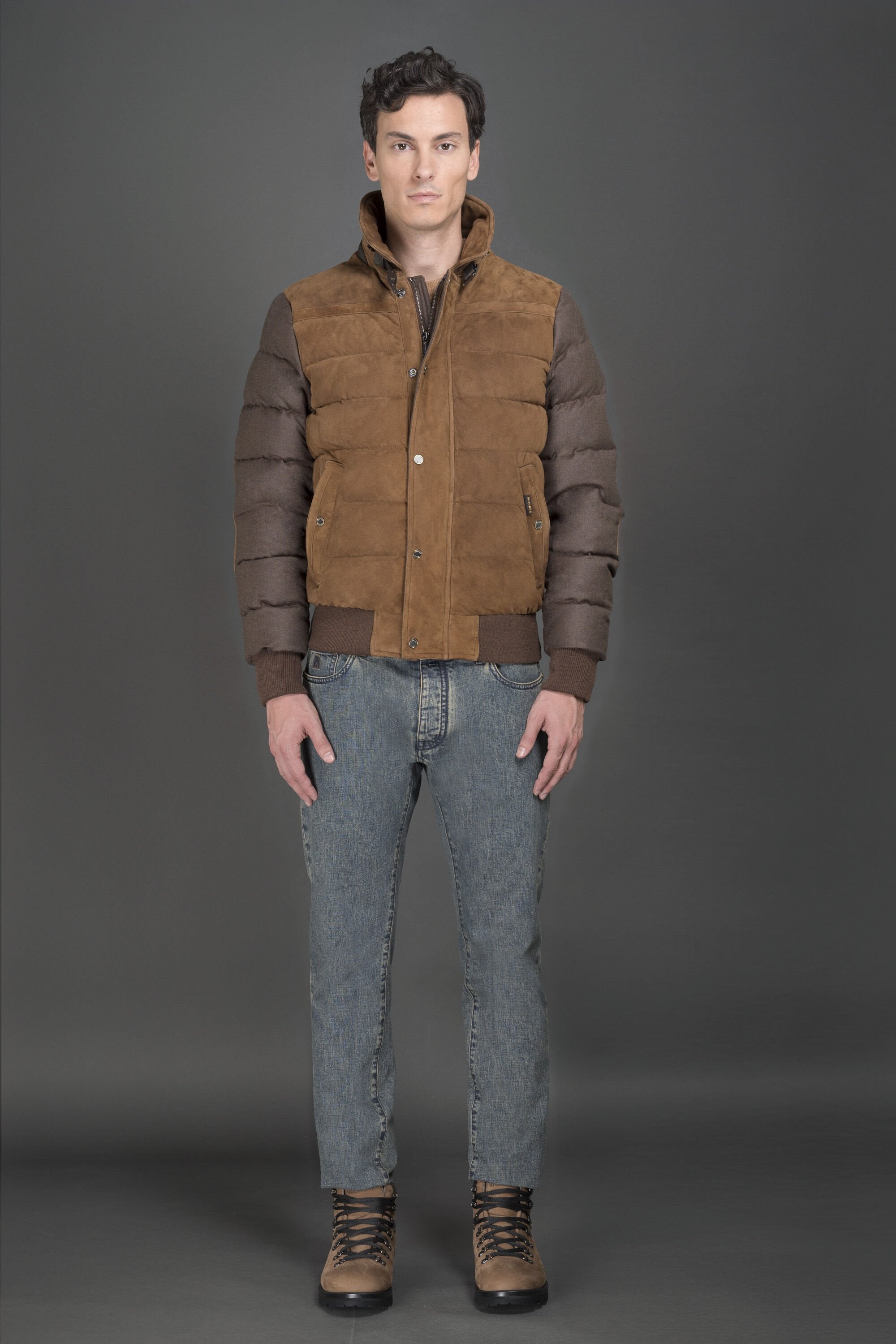 MOORER MEN'S BROWN QUILTED JACKET WITH FUR COLLAR