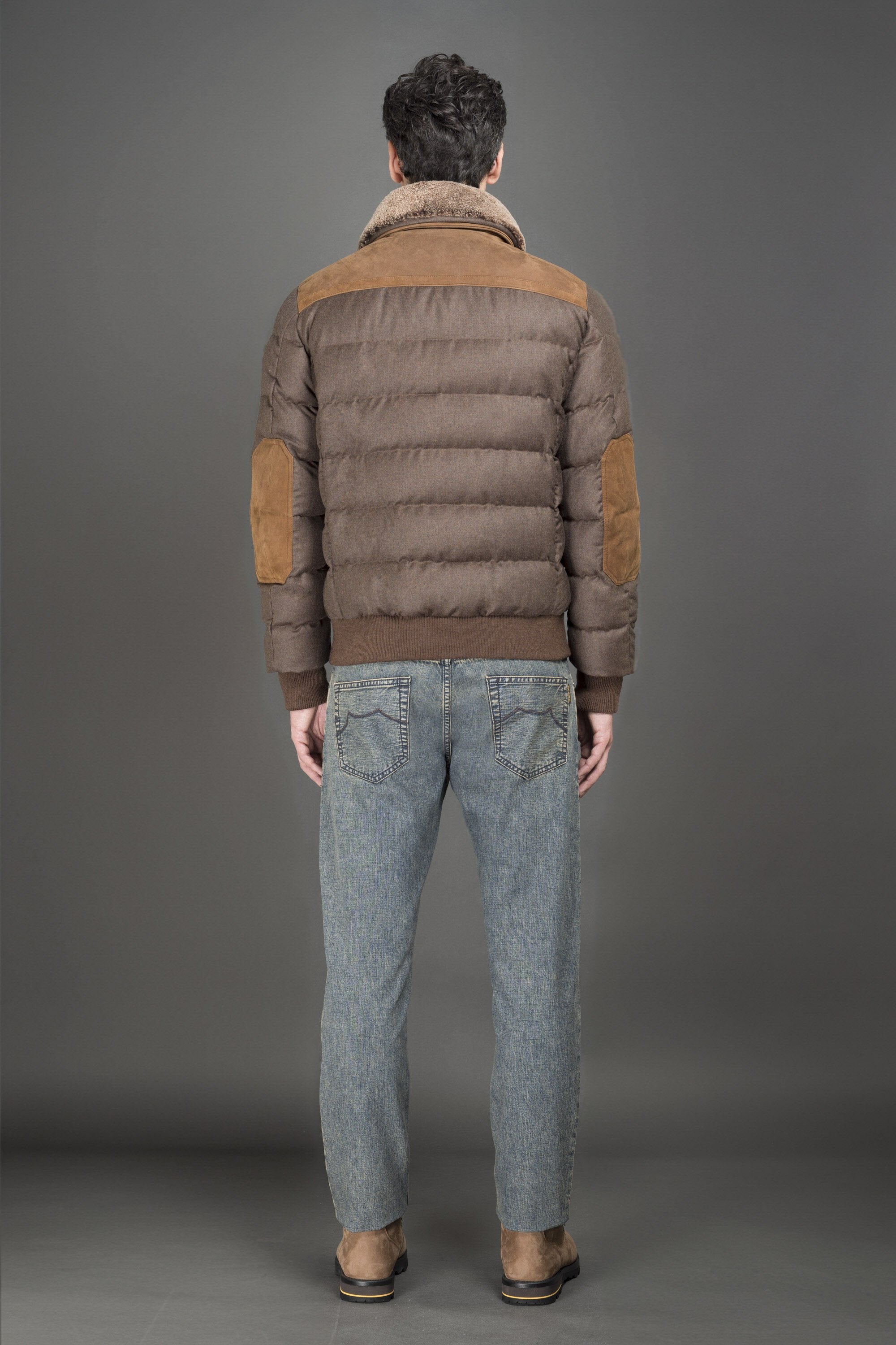 MOORER MEN'S BROWN QUILTED JACKET WITH FUR COLLAR