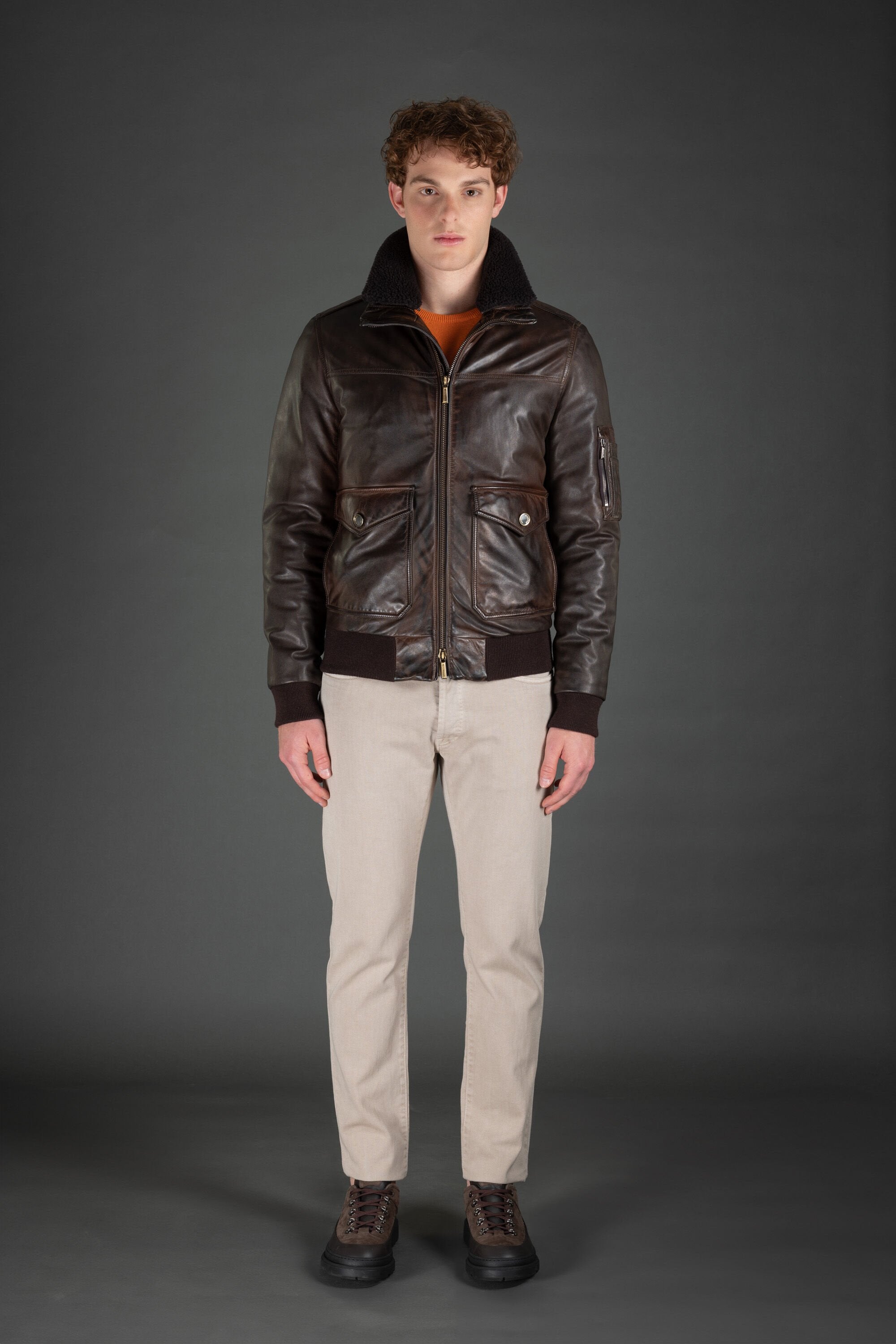 MOORER MEN'S BROWN LEATHER BOMBER JACKET