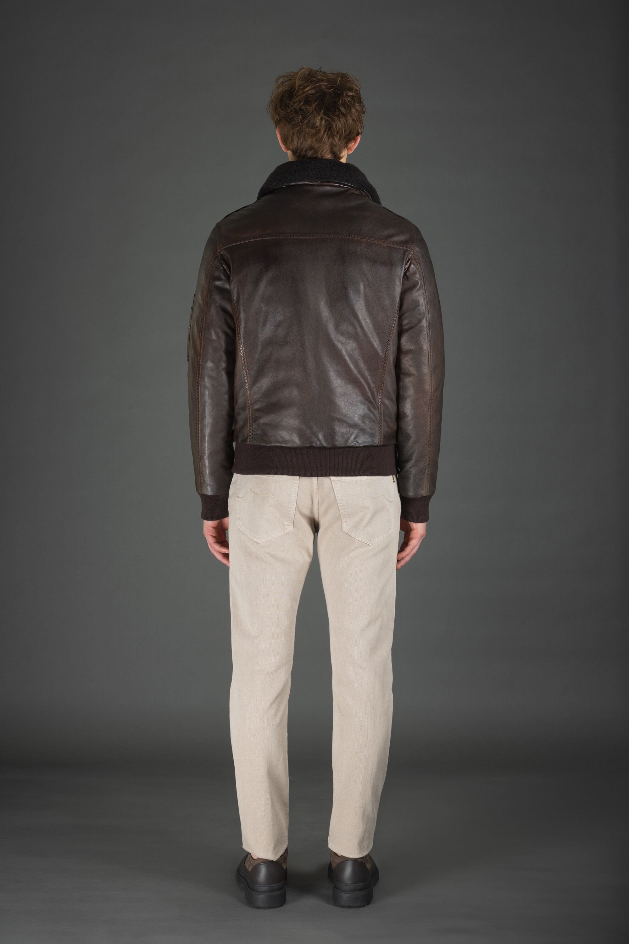 MOORER MEN'S BROWN LEATHER BOMBER JACKET