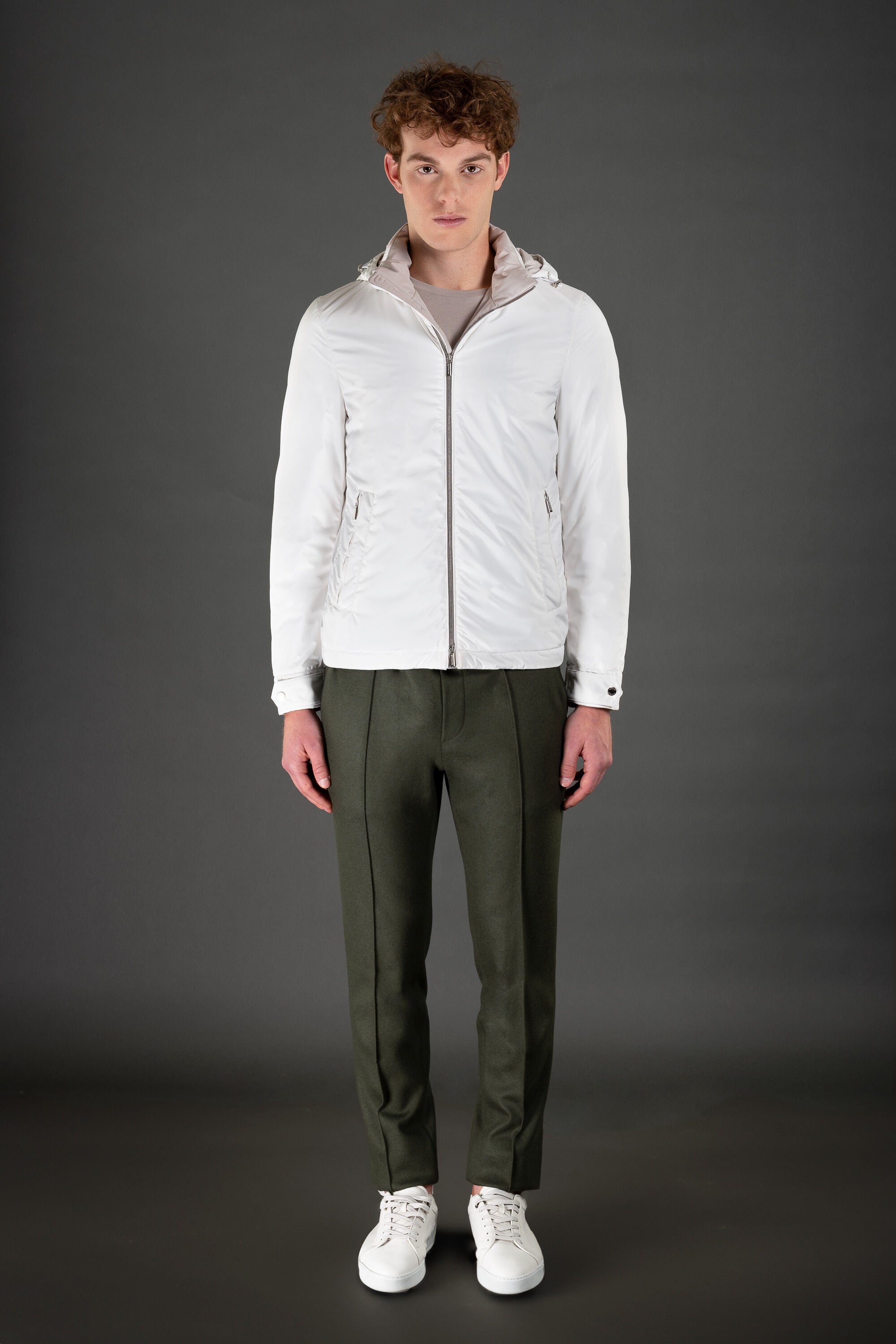 MOORER MEN'S WHITE HOODED ZIP JACKET