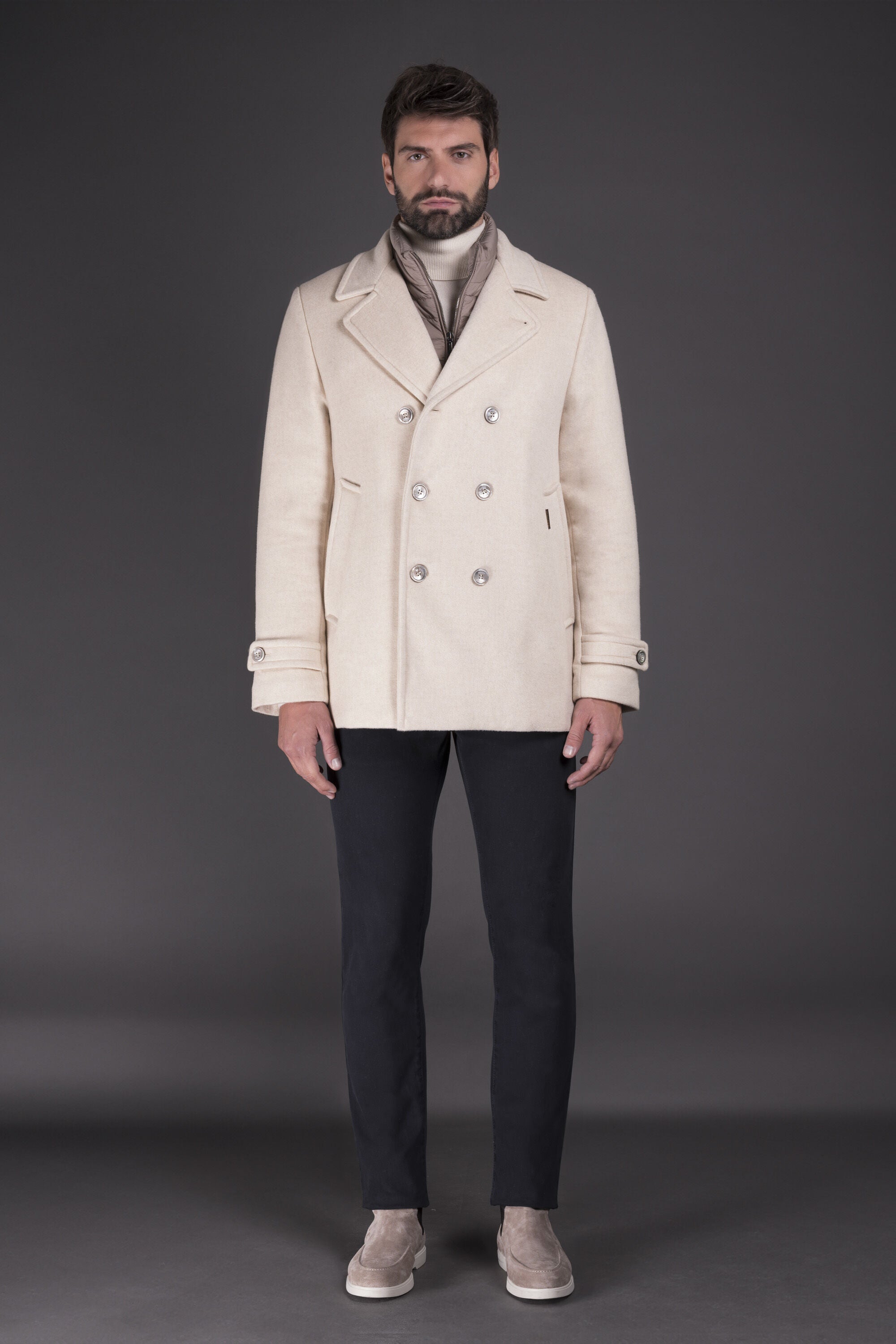 MOORER MEN'S SAND DOUBLE-BREASTED WOOL COAT