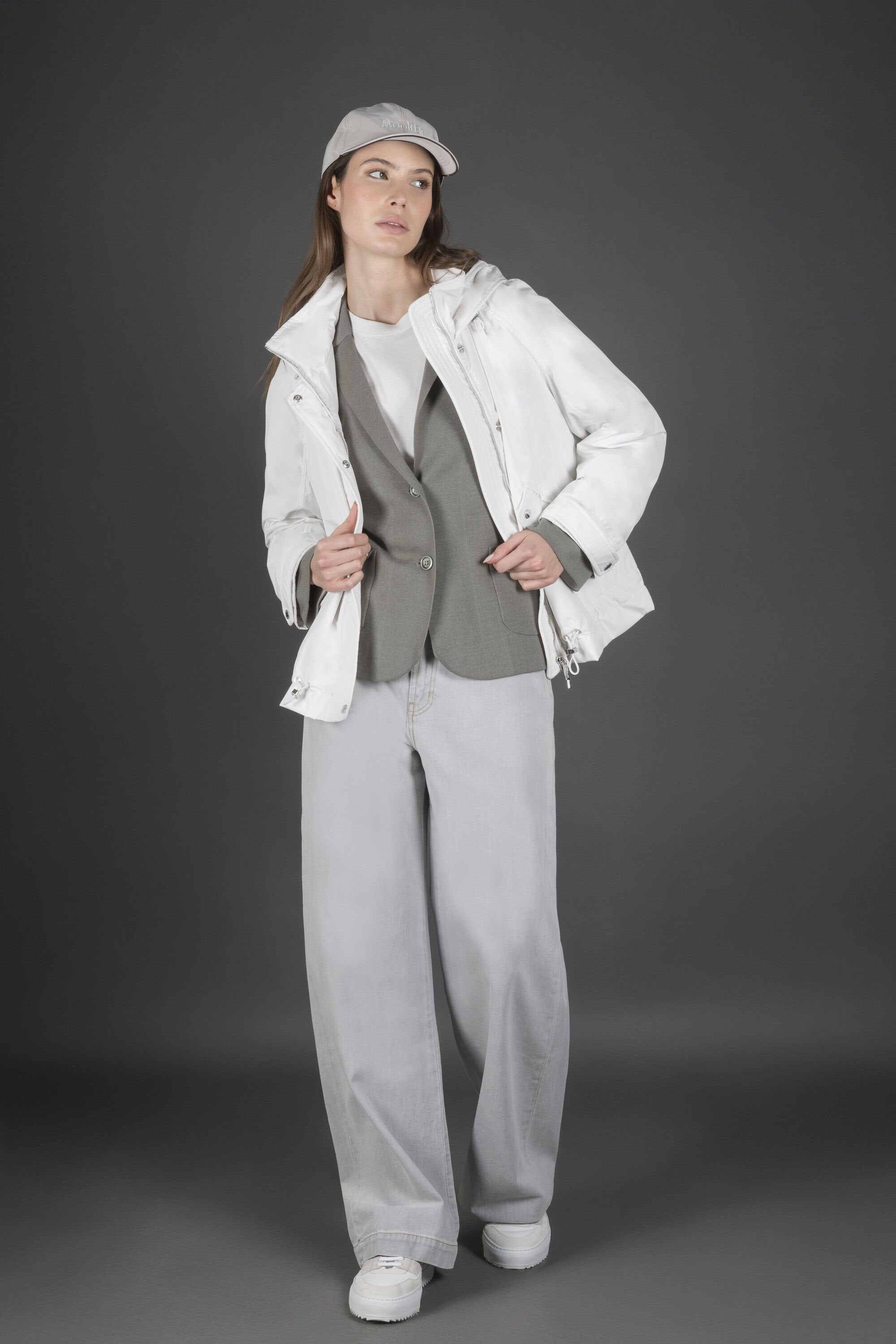 MOORER WOMEN'S WHITE HOODED JACKET WITH DRAWSTRINGS