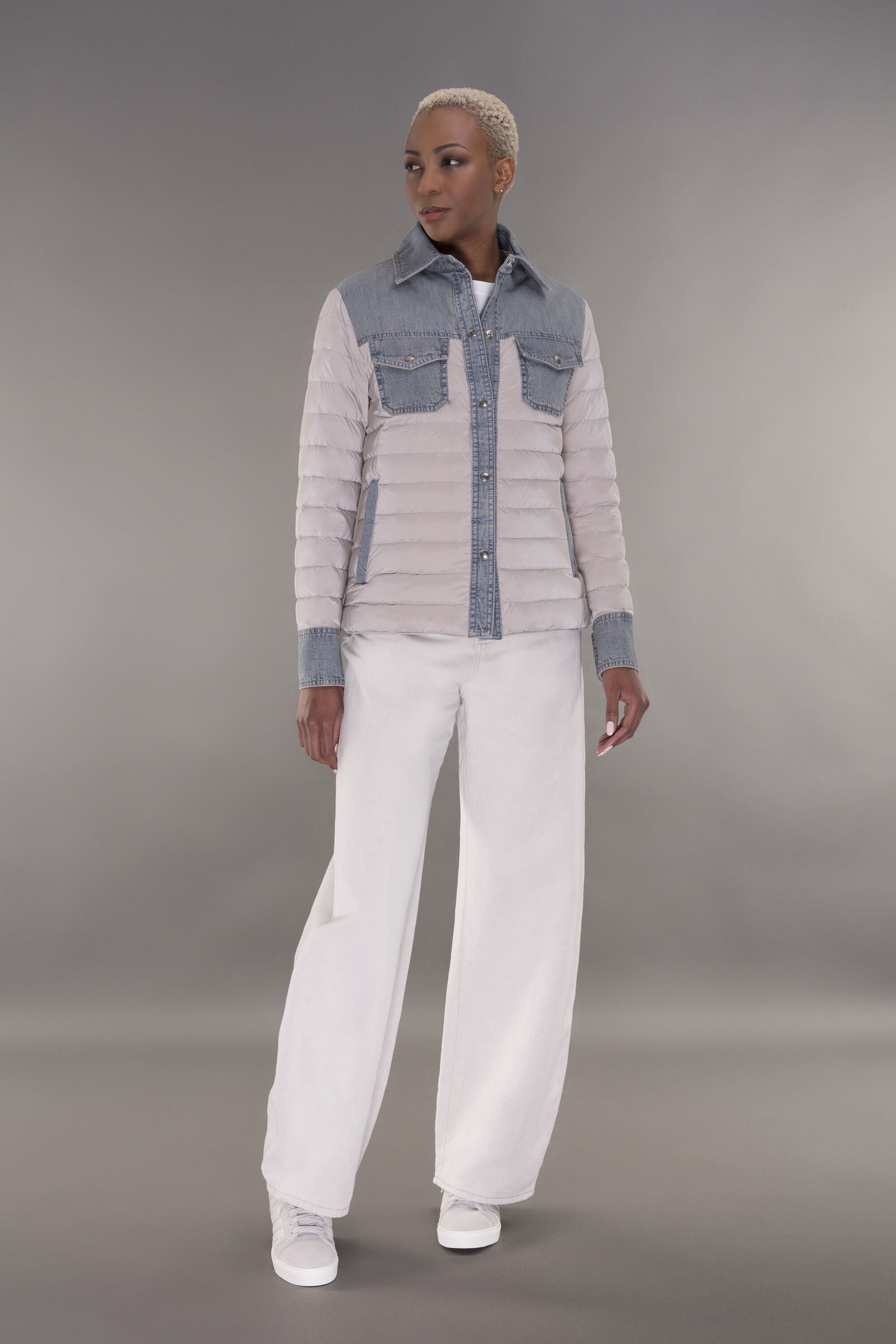 MOORER WOMEN'S PEARL QUILTED JACKET WITH DENIM ACCENTS