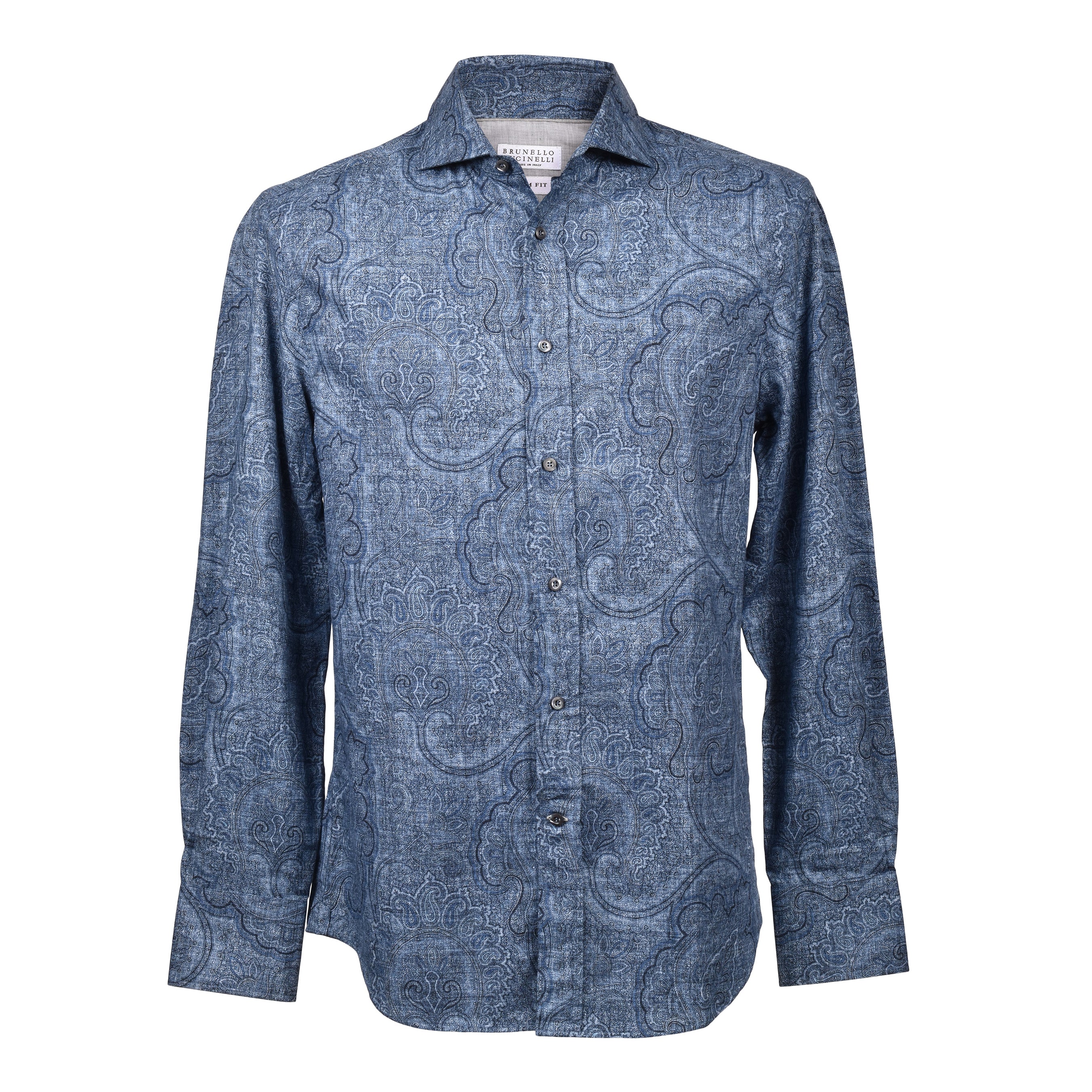 BRUNELLO CUCINELLI MEN'S BLUE PAISLEY DENIM-STYLE SHIRT