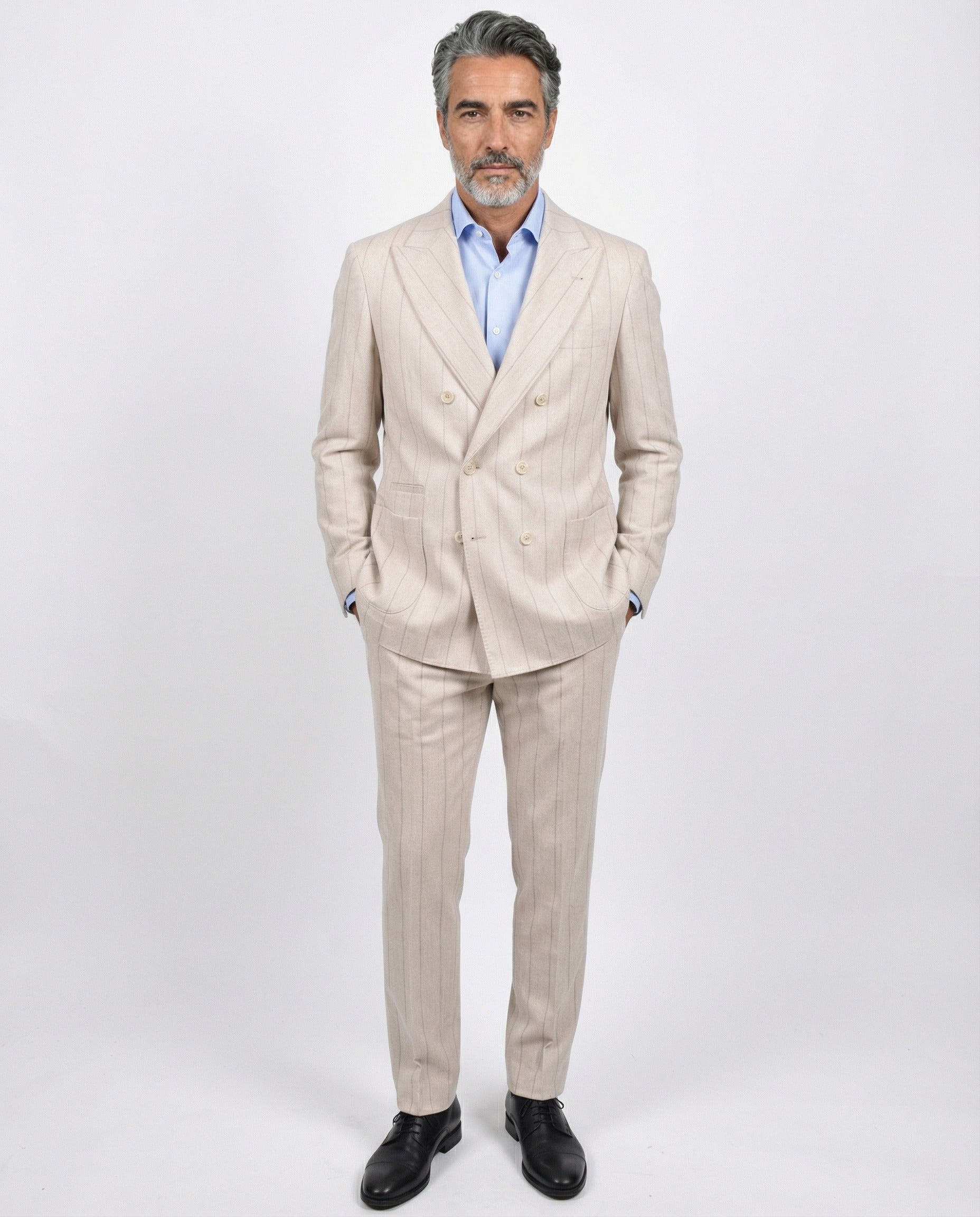 BRUNELLO CUCINELLI MEN'S SAND WOOL DOUBLE-BREASTED SUIT